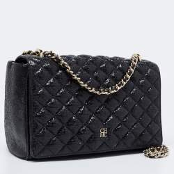 Pre Owned CH Carolina Herrera Black Quilted Shimmer Fabric Flap Chain Shoulder Bag