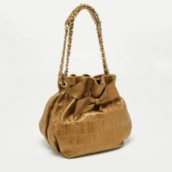Pre Owned CH Carolina Herrera Metallic Gold Embossed Leather Bow Bucket Bag