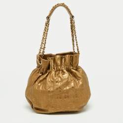 Pre Owned CH Carolina Herrera Metallic Gold Embossed Leather Bow Bucket Bag