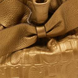 Pre Owned CH Carolina Herrera Metallic Gold Embossed Leather Bow Bucket Bag