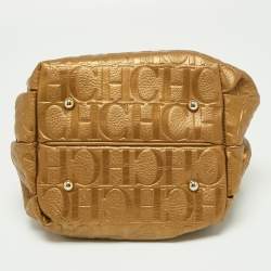 Pre Owned CH Carolina Herrera Metallic Gold Embossed Leather Bow Bucket Bag