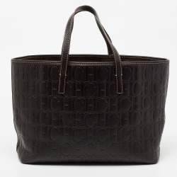 مملوكة مسبقًا حقيبة يد توتس سي أتش كارولينا هيريرا شوبر جلد منقوش مونوغرامي بني داكن