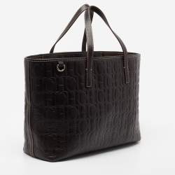 مملوكة مسبقًا حقيبة يد توتس سي أتش كارولينا هيريرا شوبر جلد منقوش مونوغرامي بني داكن