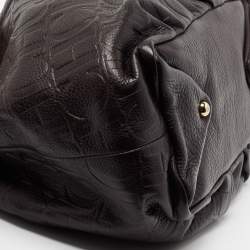 Pre Owned CH Carolina Herrera Dark Brown Monogram Embossed Leather Scarf Hobo