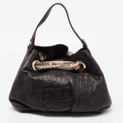 Pre Owned CH Carolina Herrera Dark Brown Monogram Embossed Leather Scarf Hobo