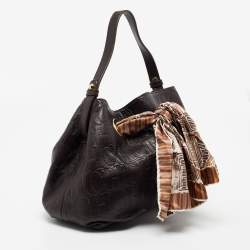 Pre Owned CH Carolina Herrera Dark Brown Monogram Embossed Leather Scarf Hobo