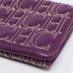Pre Owned CH Carolina Herrera Purple Monogram Embroidered Leather Flap Clutch