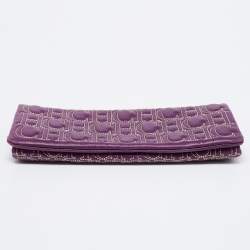 Pre Owned CH Carolina Herrera Purple Monogram Embroidered Leather Flap Clutch