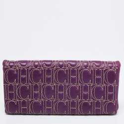 Pre Owned CH Carolina Herrera Purple Monogram Embroidered Leather Flap Clutch