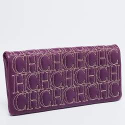 Pre Owned CH Carolina Herrera Purple Monogram Embroidered Leather Flap Clutch