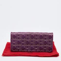Pre Owned CH Carolina Herrera Purple Monogram Embroidered Leather Flap Clutch