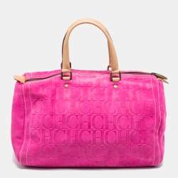 Pre Owned CH Carolina Herrera Pink Monogram Embossed Suede And Leather Andy Boston Bag