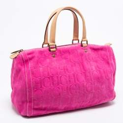 Pre Owned CH Carolina Herrera Pink Monogram Embossed Suede And Leather Andy Boston Bag