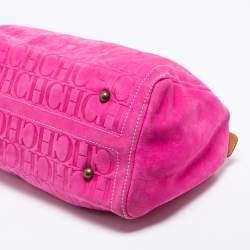 Pre Owned CH Carolina Herrera Pink Monogram Embossed Suede And Leather Andy Boston Bag