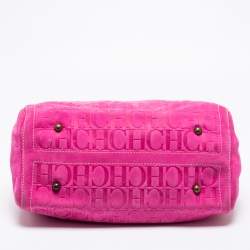 Pre Owned CH Carolina Herrera Pink Monogram Embossed Suede And Leather Andy Boston Bag