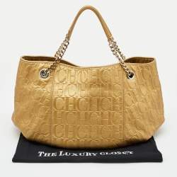 Pre Owned حقيبة يد توتس سي إتش كارولينا هيريرا جلد منقوش مون وغرامي ذهبي بيد بسلسلة