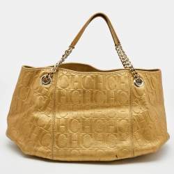 Pre Owned حقيبة يد توتس سي إتش كارولينا هيريرا جلد منقوش مونوغرامي ذهبي بيد بسلسلة