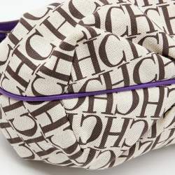 Pre Owned CH Carolina Herrera Beige/Purple Monogram Canvas and Leather Double Strap Hobo