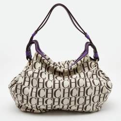 Pre Owned CH Carolina Herrera Beige/Purple Monogram Canvas and Leather Double Strap Hobo