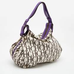 Pre Owned CH Carolina Herrera Beige/Purple Monogram Canvas and Leather Double Strap Hobo