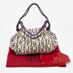 Pre Owned CH Carolina Herrera Beige/Purple Monogram Canvas and Leather Double Strap Hobo