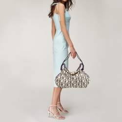 Pre Owned CH Carolina Herrera Beige/Purple Monogram Canvas and Leather Double Strap Hobo
