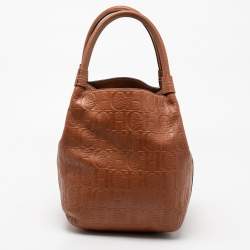 Pre Owned CH Carolina Herrera Brown Monogram Embossed Leather Matryoshka Tote