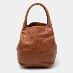 Pre Owned CH Carolina Herrera Brown Monogram Embossed Leather Matryoshka Tote