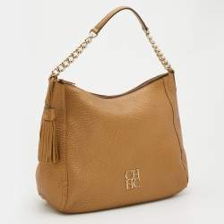 Pre Owned CH Carolina Herrera Gold Leather Chain Tassel Hobo