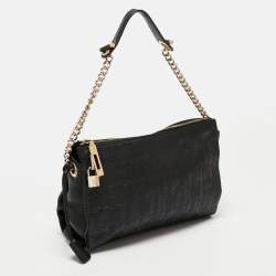 مملوكة مسبقًا CH Carolina Herrera Black Logo Embossed Leather Shoulder Bag
