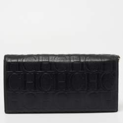 Pre Owned CH Carolina Herrera Black Monogram Embossed Leather Bow Flap Clutch