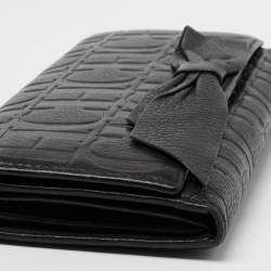 Pre Owned CH Carolina Herrera Black Monogram Embossed Leather Bow Flap Clutch