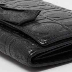 Pre Owned CH Carolina Herrera Black Monogram Embossed Leather Bow Flap Clutch