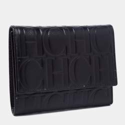مملوكة مسبقًا CH Carolina Herrera Black Leather Logo Embossed Trifold Wallet