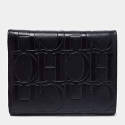 مملوكة مسبقًا CH Carolina Herrera Black Leather Logo Embossed Trifold Wallet