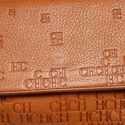 Pre Owned CH Carolina Herrera Brown Logo Embossed Leather Top Handle Bag