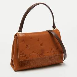 Pre Owned CH Carolina Herrera Brown Logo Embossed Leather Top Handle Bag