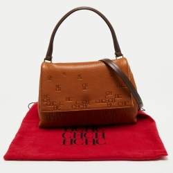 Pre Owned CH Carolina Herrera Brown Logo Embossed Leather Top Handle Bag