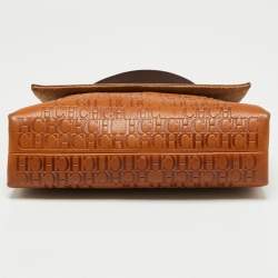 Pre Owned CH Carolina Herrera Brown Logo Embossed Leather Top Handle Bag