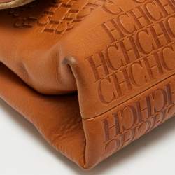 Pre Owned CH Carolina Herrera Brown Logo Embossed Leather Top Handle Bag