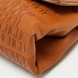 Pre Owned CH Carolina Herrera Brown Logo Embossed Leather Top Handle Bag