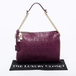 Pre Owned CH Carolina Herrera Purple Logo Embossed Leather Shoulder Bag