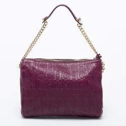 Pre Owned CH Carolina Herrera Purple Logo Embossed Leather Shoulder Bag