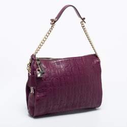 Pre Owned CH Carolina Herrera Purple Logo Embossed Leather Shoulder Bag