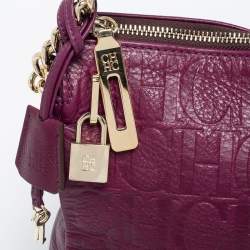 Pre Owned CH Carolina Herrera Purple Logo Embossed Leather Shoulder Bag