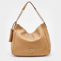 Pre Owned CH Carolina Herrera Metallic Gold Leather Chain Tassel Hobo