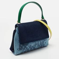 Pre Owned CH Carolina Herrera Multicolor Monogram Coated Denim and Leather Flap Top Handle Bag