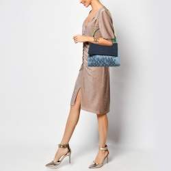 Pre Owned CH Carolina Herrera Multicolor Monogram Coated Denim and Leather Flap Top Handle Bag