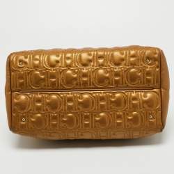 Pre Owned CH Carolina Herrera Gold Logo Embossed Leather Top Zip Chain Tote