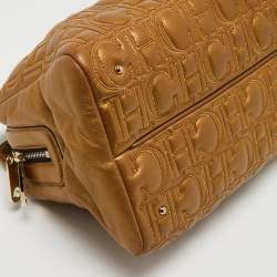 Pre Owned CH Carolina Herrera Gold Logo Embossed Leather Top Zip Chain Tote